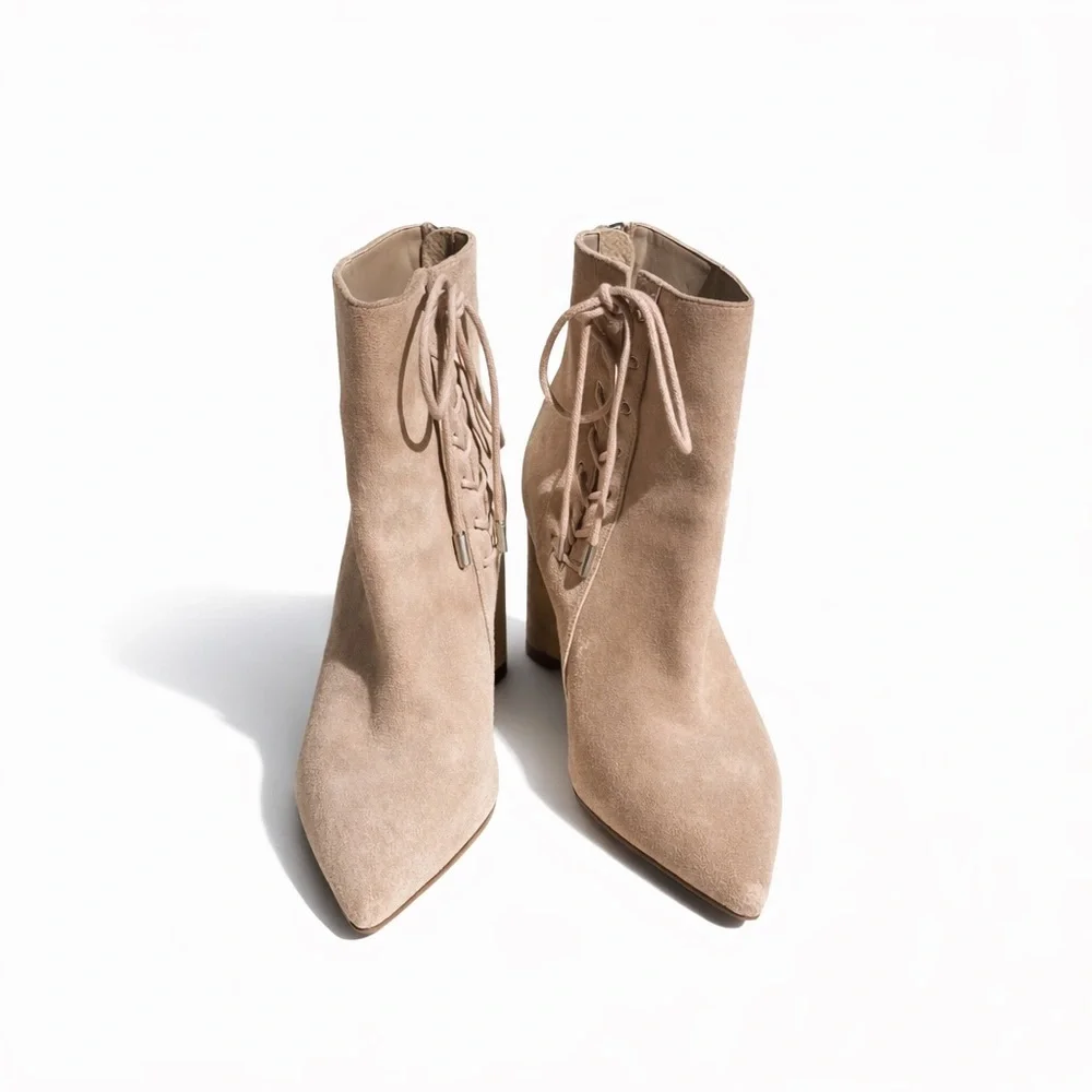 Kendall & Kylie Taupe Suede Lace-Up Ankle Booties Pointed Toe Block Heel - Picture 1 of 13
